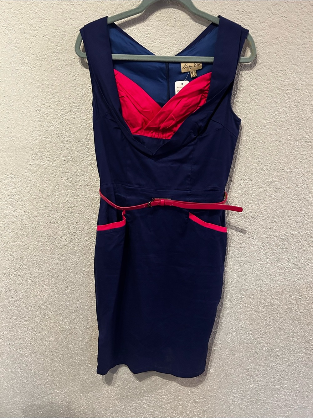 Lindy Bop Navy Midi Sheath Dress with Hot Pink Accents